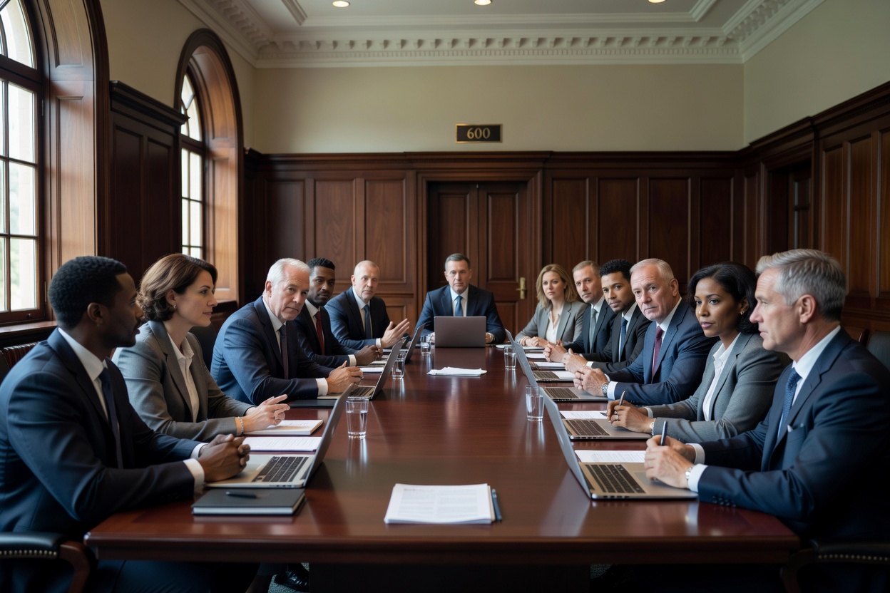 Entrepreneurs and chamber members seated at a long boardroom table in a municipal building