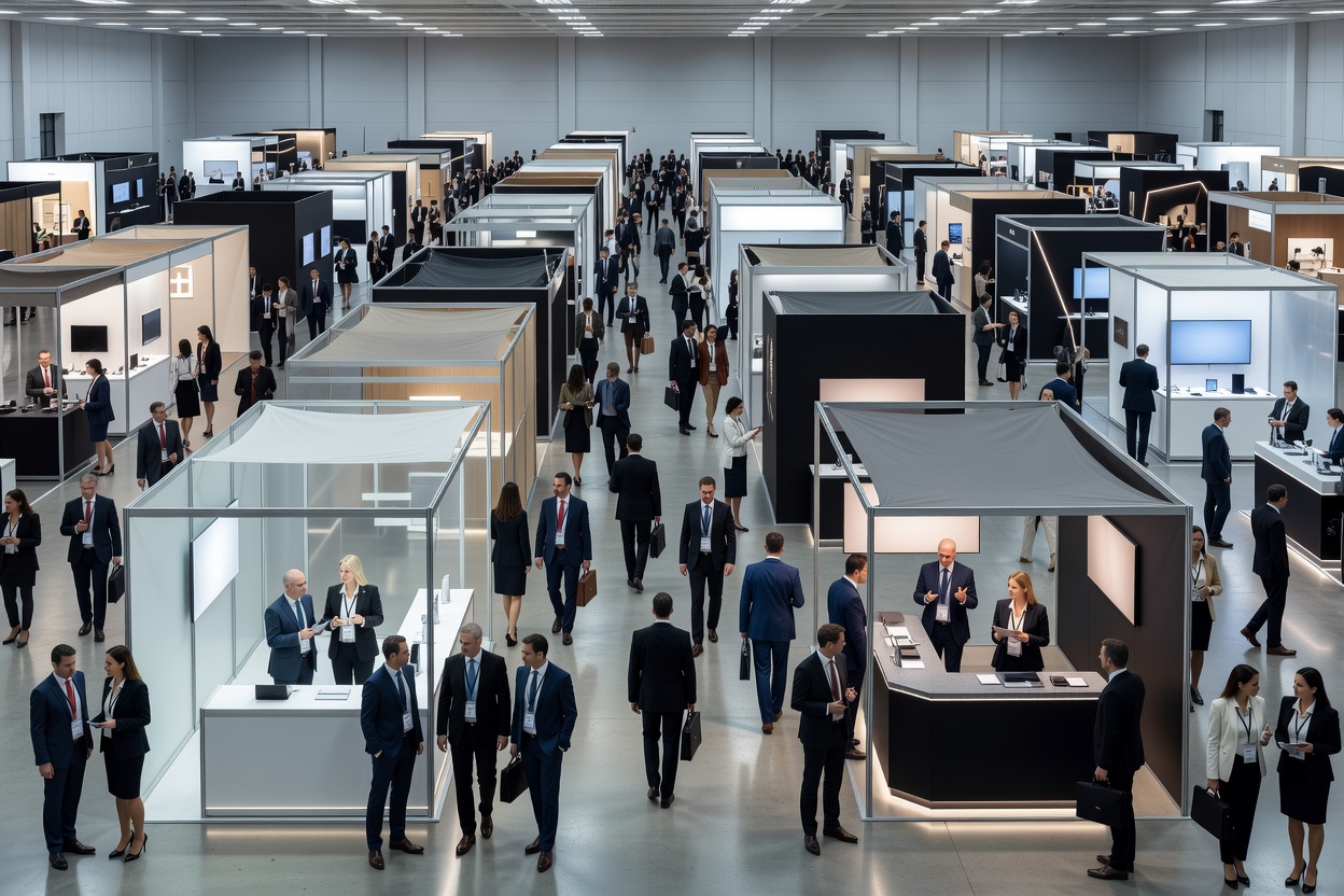 Expansive exhibition floor with corporate sponsor stands and business delegates