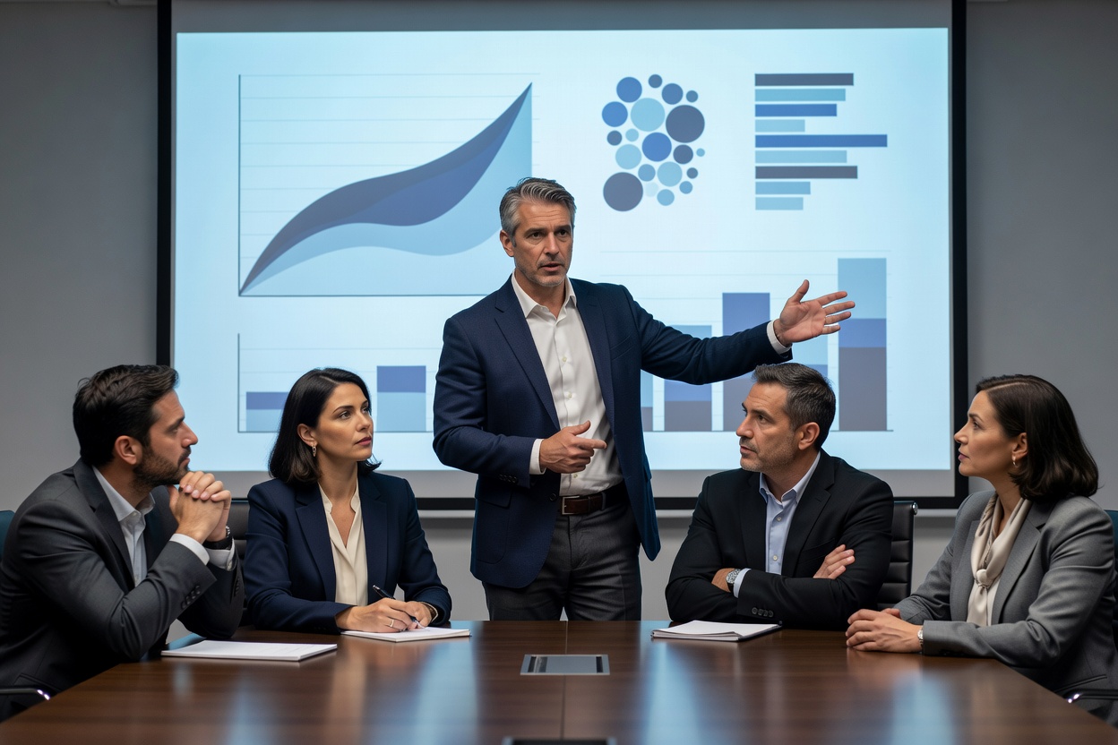 Founder standing before a projection screen delivering metrics to a panel of reviewers