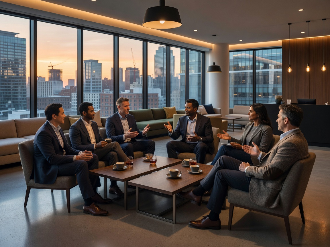 Founders conversing around low tables in an urban business lounge