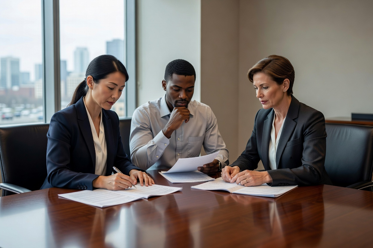 Small group of business founders seated in a quiet conference room reviewing notes