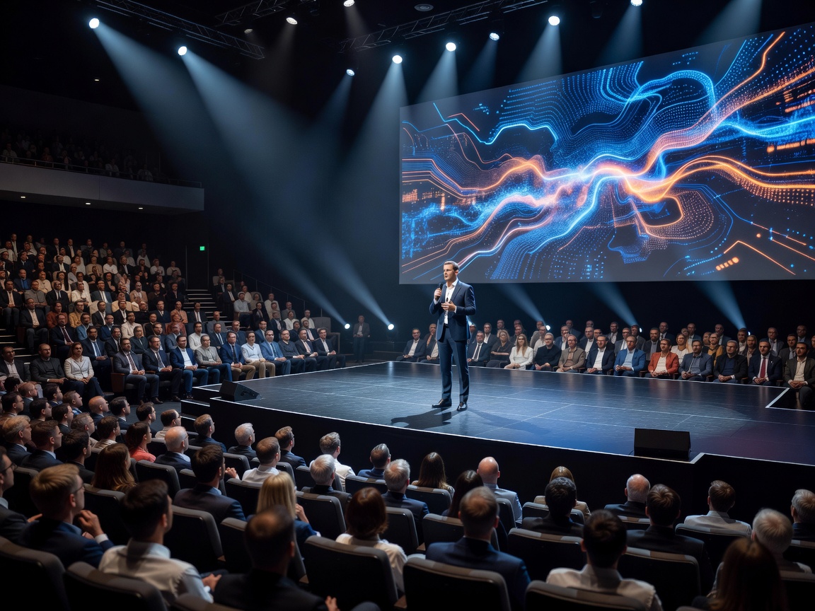 Speaker presenting slides on a lighted stage before an attentive audience