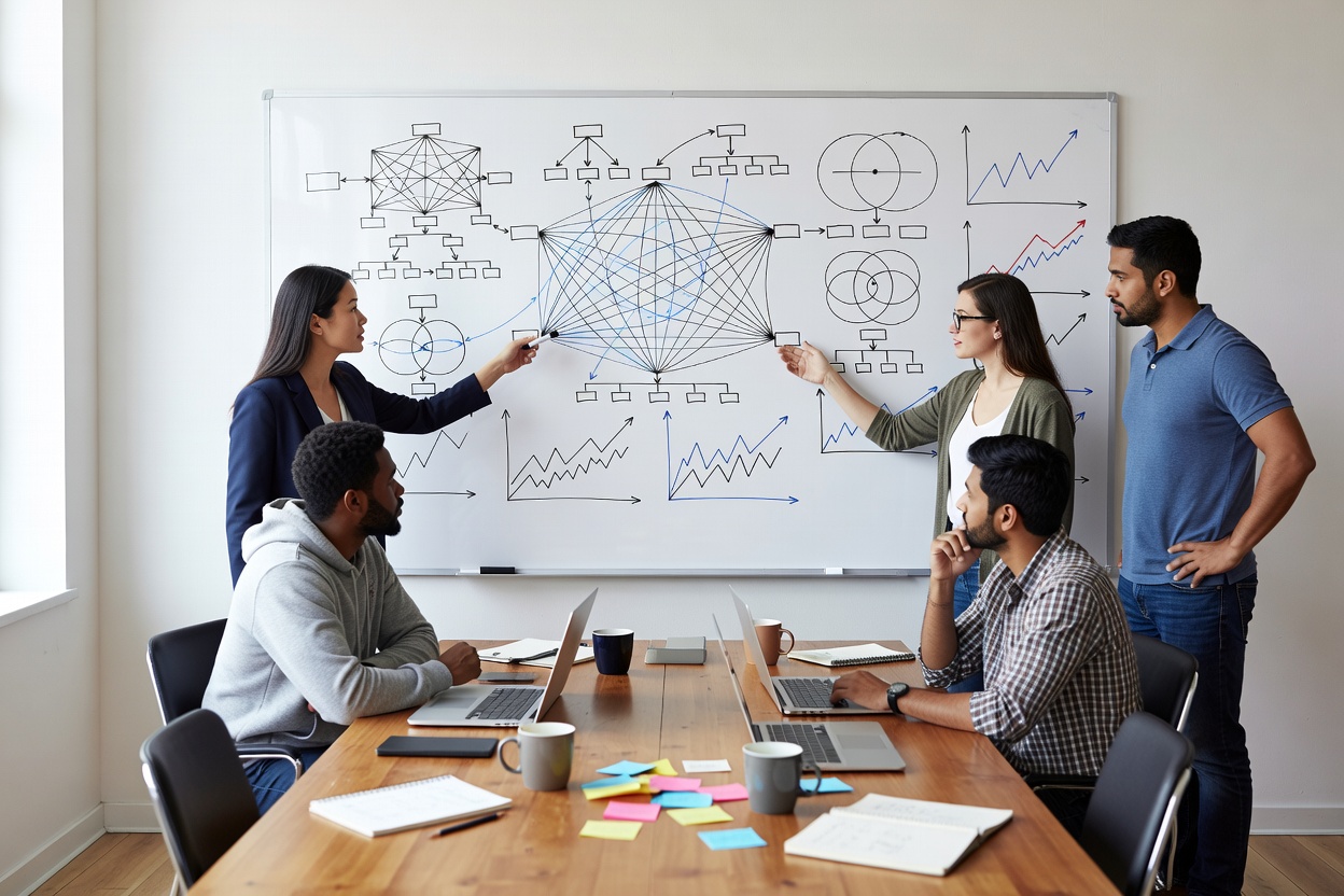 Team members analyzing sprint diagrams on a large whiteboard in a workshop room