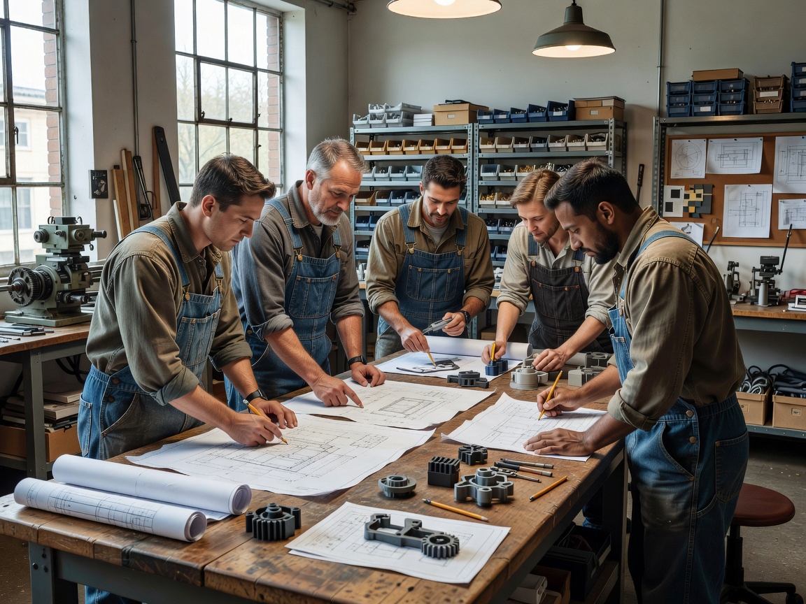 Workshop participants collaborating over product diagrams at a long workbench